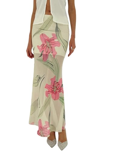 SweatyRocks Damen Rock Blumenmuster Maxirock Boho Langer Sommerrock Bodycon Meshrock Drop Waist Freizeitrock Elegant Blumenrock Fishtail Maxi Röcke Beige M von SweatyRocks