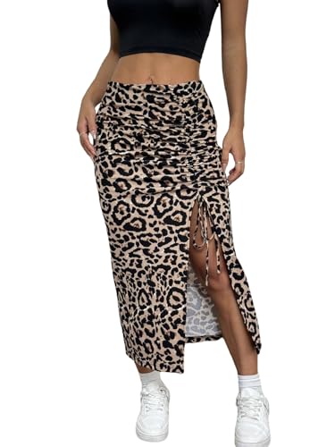 SweatyRocks Damen Rock Leopardenmuster Midirock Geraffter Sommerrock mit Schlitz Hohe Taille Strickrock Ziehbändchen Freizeitrock Langer Partyrock Leo L von SweatyRocks