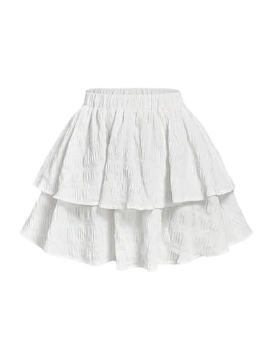SweatyRocks Damen Rock Sommer Minirock mit Rüschensaum Kurzer Sommerrock Mehrschichtige Röcke Elastischer Bund Damenrock Freizeitrock Casualrock Weiß L von SweatyRocks