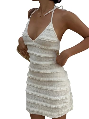 SweatyRocks Damen Rückenfreies Minikleid Elegant Neckholder Kleid V-Ausschnitt Spitze Kleid Bodycon Kleider Partykleid Festival Outfits Weiß S von SweatyRocks