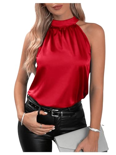 SweatyRocks Damen Satin Blusen Elegant Tunika Hemdbluse Neckholder Oberteile OL Business Bluse mit Laternenärmeln Rot L von SweatyRocks