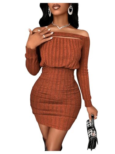 SweatyRocks Damen Schulterfrei Kleid Langarm Minikleid Figurbetontes Strickkleid Enges Freizeitkleid Casual Kleid mit Cut Outs Braun M von SweatyRocks