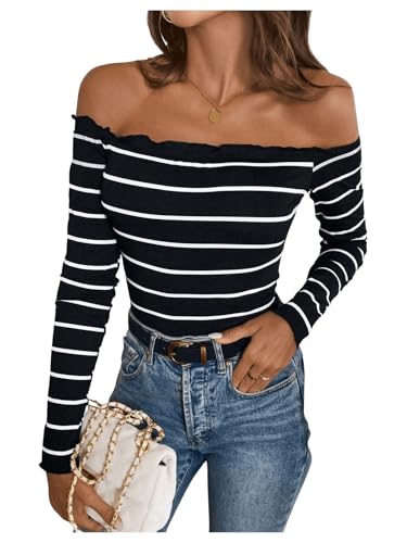 SweatyRocks Damen Schulterfreies Oberteil Langarm Tops Basic T-Shirt Off-Shoulder Langarmshirt Casual Gestreiftes Tshirt Schwarz M von SweatyRocks