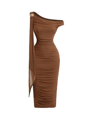 SweatyRocks Damen Shulterfreies Kleid Elegant Bodycon Midikleid Asymmetrischem Ausschnitt Kleider Figurbetonte Partykleid Bleistiftkleid Braun M von SweatyRocks