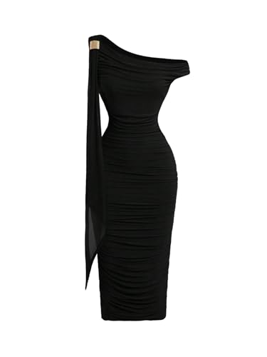 SweatyRocks Damen Shulterfreies Kleid Elegant Bodycon Midikleid Asymmetrischem Ausschnitt Kleider Figurbetonte Partykleid Bleistiftkleid Schwarz XS von SweatyRocks