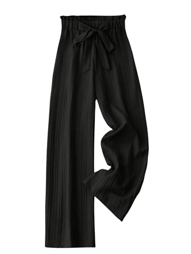 SweatyRocks Damen Sommerhose Lange Hose Lockere Hose Weites Bein Straight Leg Hosen High Waist Freizeithose mit Gürtel Schwarz L von SweatyRocks