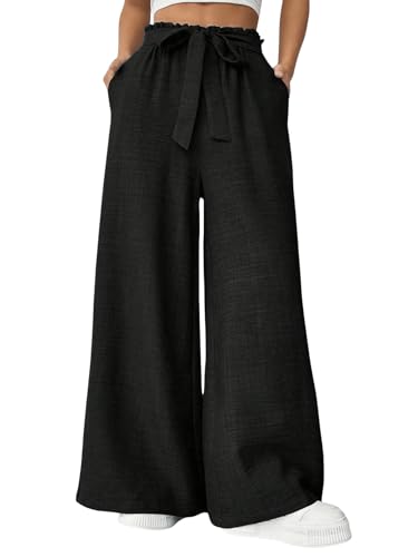 SweatyRocks Damen Sommerhose Lange Hose Lockere Hose Weites Bein Straight Leg Hosen High Waist Freizeithose mit Taschen Schwarz XL von SweatyRocks