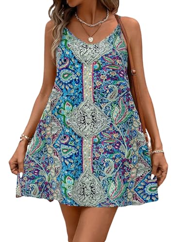 SweatyRocks Damen Sommerkleid A-Linien Kurze Trägerkleid Paisleymuster Urlaubkleid Casual Boho-Kleid Strandkleid Minikleid Blau M von SweatyRocks