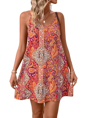 SweatyRocks Damen Sommerkleid A-Linien Kurze Trägerkleid Paisleymuster Urlaubkleid Casual Boho-Kleid Strandkleid Minikleid Rot M von SweatyRocks