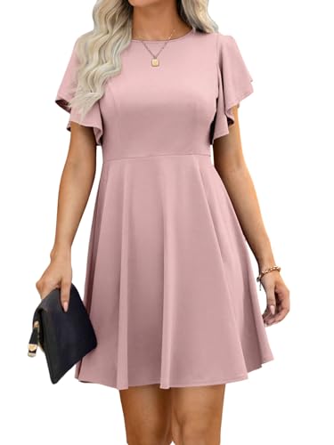 SweatyRocks Damen Sommerkleid Kurz Kleid Freizeitkleid Minikleid Faltenkleid Swing A-Linie Kleid Skaterkleid Sommer Lässig Kurzkleid mit Schmetterlingsärmeln Grau-Rosa S von SweatyRocks