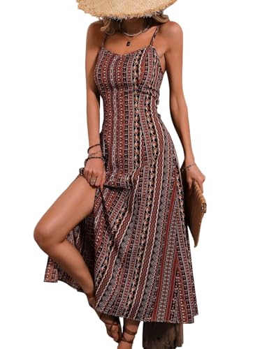 SweatyRocks Damen Sommerkleid Spaghettiträger Kleid Langer Trägerkleid Ärmellos Urlaubkleid Casual Boho-Kleid Strandkleid mit Schlitz Orange XL von SweatyRocks
