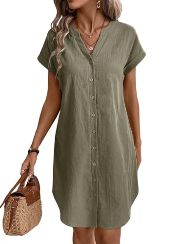 SweatyRocks Damen Sommerkleid Tunika Kleid V-Ausschnitt Kurzes Freizeitkleid Baumwolle Shortkleid Alltagkleid mit Fledermausärmel Armeegrün S von SweatyRocks