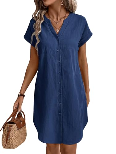 SweatyRocks Damen Sommerkleid Tunika Kleid V-Ausschnitt Kurzes Freizeitkleid Baumwolle Shortkleid Alltagkleid mit Fledermausärmel Dunkelblau M von SweatyRocks