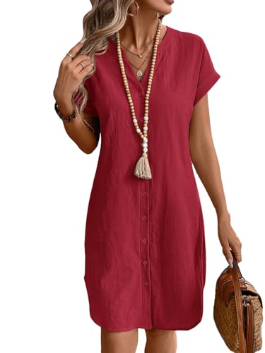 SweatyRocks Damen Sommerkleid Tunika Kleid V-Ausschnitt Kurzes Freizeitkleid Baumwolle Shortkleid Alltagkleid mit Fledermausärmel Rot XL von SweatyRocks