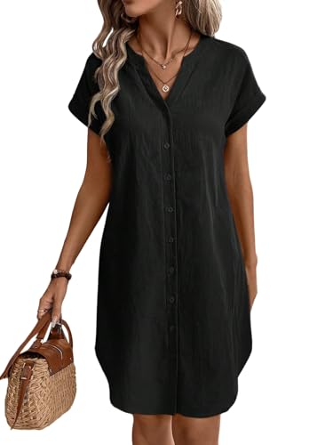 SweatyRocks Damen Sommerkleid Tunika Kleid V-Ausschnitt Kurzes Freizeitkleid Baumwolle Shortkleid Alltagkleid mit Fledermausärmel Schwarz XL von SweatyRocks