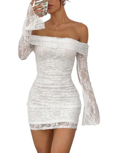 SweatyRocks Damen Spitze Kleid Elegant Off Shoulder Minikleid mit Spitzen Langarm Bodyconkelid Spitzekleid Schulterfreies Kleid Weiß XS von SweatyRocks