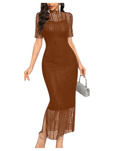 SweatyRocks Damen Spitzen Kleid Langes Sommerkleid Elegant Figurbetont Kleider Engers Kleid Freizeitkleid mit Wellensaum Mokka Braun M von SweatyRocks