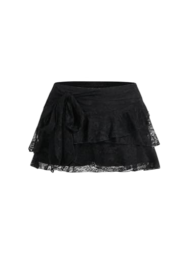 SweatyRocks Damen Spitzen Rock Y2k Minirock Drop Waist A Linie Röcke Peplum Rock Festival Outfit Mini Rockabilly Spitzenrock Freizeitrock Schwarz XS von SweatyRocks