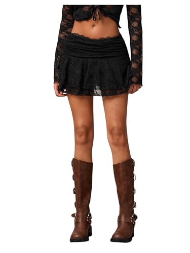 SweatyRocks Damen Spitzen Rock Y2k Minirock Drop Waist A Linie Röcke Peplum Rock Festival Outfit Minirock Rockabilly Spitzenrock Freizeitrock Schwarz S von SweatyRocks