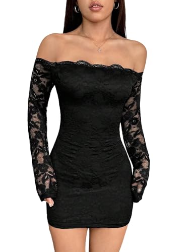 SweatyRocks Damen Spitzenkleid Elegant Off Shoulder Minikleid Langarm Kleid Bodycon Partykleid mit Spitze Figurbetontes Kleid Festival Outfit Schwarz XS SweatyRocks Damen Spitzenkleid Elegant Off Shoulder Minikleid Langarm Kleid Bodycon Partykleid mit Spitze Figurbetontes Kleid Festival Outfit Schwarz XS von SweatyRocks