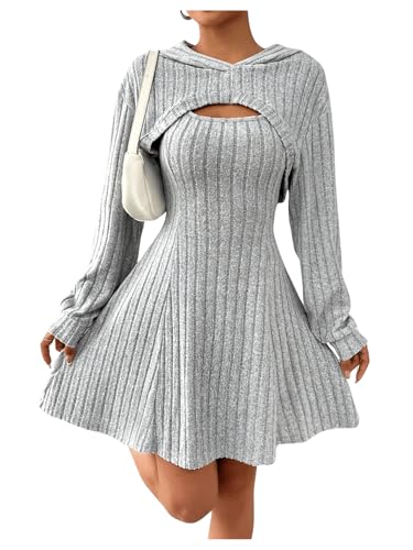SweatyRocks Damen Strick Zweiteiler Tank Kleid Mit Pullover 2 Teiler Crop Hoodie Mit Kapuze A Linien Kleid Langarm Kleid Winter Grau L von SweatyRocks