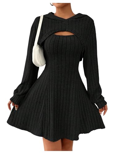 SweatyRocks Damen Strick Zweiteiler Tank Kleid Mit Pullover 2 Teiler Crop Hoodie Mit Kapuze A Linien Kleid Langarm Kleid Winter Schwarz L von SweatyRocks