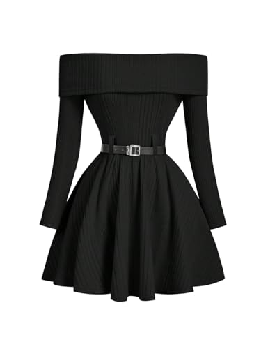 SweatyRocks Damen Strickkleid Elegant Off-Shoulder Minikleid Langarm A-Linie Kleid mit Gürtel Herbst Pulloverkleid Festival Kleid Schwarz S SweatyRocks Damen Strickkleid Elegant Off-Shoulder Minikleid Langarm A-Linie Kleid mit Gürtel Herbst Pulloverkleid Festival Kleid Schwarz S von SweatyRocks