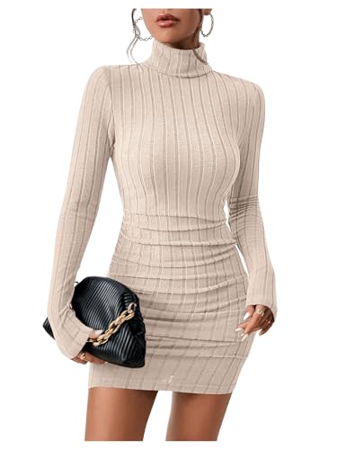 SweatyRocks Damen Strickkleid Langarm Kurz Pulloverkleid mit Rollkragen Figurbetontes Kleid Bodycon Minikleid Pullikleid für Herbst Winter Beige S von SweatyRocks