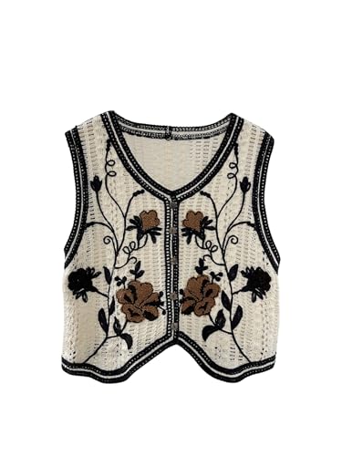 SweatyRocks Damen Strickweste Ärmellos Pullover Sommer Jacke Leichte Weste Strickwesten Trendy Casual Kurze Strickjacke mit Stickerei Schwarz und Weiß L SweatyRocks Damen Strickweste Ärmellos Pullover Sommer Jacke Leichte Weste Strickwesten Trendy Casual Kurze Strickjacke mit Stickerei Schwarz und Weiß L von SweatyRocks