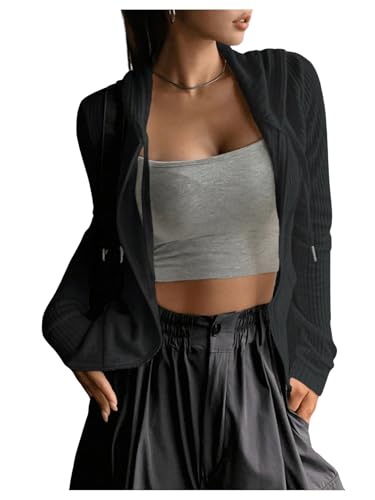 SweatyRocks Damen Sweatshirts Rippenstrick Hoodie Kapuzenpullover Kurz Langarm Pulli Zip Up Jacke mit Taschen Schwarz XS von SweatyRocks