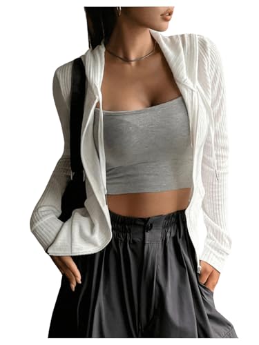 SweatyRocks Damen Sweatshirts Rippenstrick Hoodie Kapuzenpullover Kurz Langarm Pulli Zip Up Jacke mit Taschen Weiß XS SweatyRocks Damen Sweatshirts Rippenstrick Hoodie Kapuzenpullover Kurz Langarm Pulli Zip Up Jacke mit Taschen Weiß XS von SweatyRocks