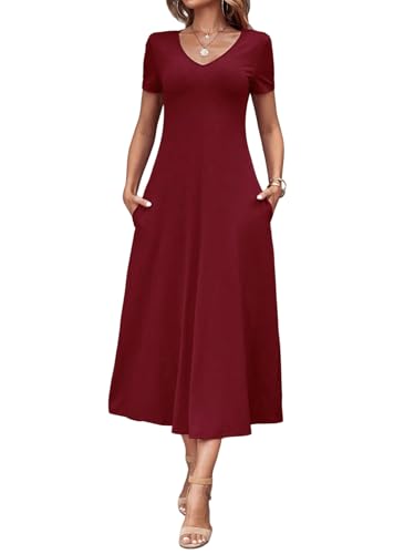 SweatyRocks Damen T-Shirt Kleid Lang Lässig Freizeitkleid Basic Kleider A Linie Sommerkleid Casual Midikleid Kurzarm Kleid mit Taschen Bordeaux L von SweatyRocks