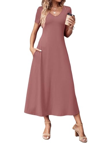 SweatyRocks Damen T-Shirt Kleid Lang Lässig Freizeitkleid Basic Kleider A Linie Sommerkleid Casual Midikleid Kurzarm Kleid mit Taschen Grau-Rosa XL von SweatyRocks