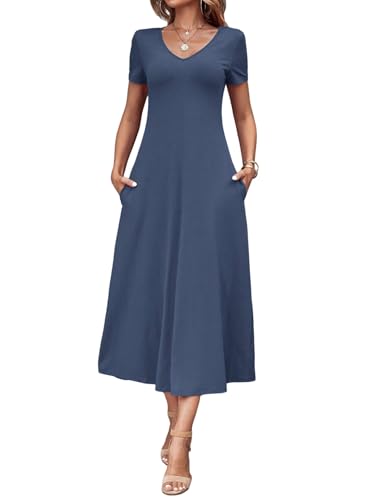 SweatyRocks Damen T-Shirt Kleid Lang Lässig Freizeitkleid Basic Kleider A Linie Sommerkleid Casual Midikleid Kurzarm Kleid mit Taschen Graublau L von SweatyRocks