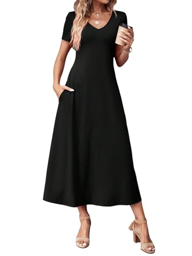 SweatyRocks Damen T-Shirt Kleid Lang Lässig Freizeitkleid Basic Kleider A Linie Sommerkleid Casual Midikleid Kurzarm Kleid mit Taschen Schwarz L von SweatyRocks