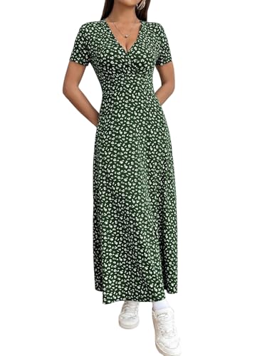 SweatyRocks Damen T-Shirt Kleid Lang Lässig Freizeitkleid Basic Kleider A Linie Sommerkleid Casual Midikleid Kurzarm Urlaubkleid mit Blumenmuster Grün XS von SweatyRocks