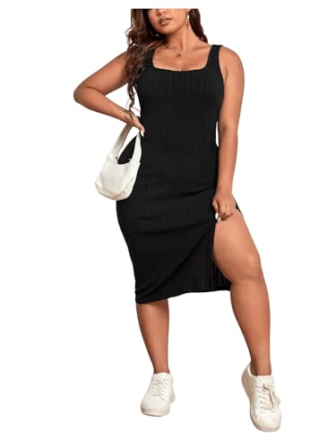 SweatyRocks Damen Tank Kleid Curvy Trägerkleid U-Ausschnitt Midikleid Übergröße Casual Sommerkleid Bodycon Ärmelloses Kleid mit Schlitz Schwarz 0XL von SweatyRocks