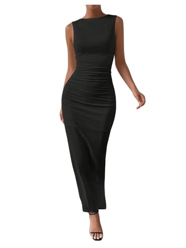 SweatyRocks Damen Tank Kleid mit Schlitz Figurbetontes Kleid Langes Freizeitkleider Ärmellos Bleistiftkleid mit Falten Schwarz S von SweatyRocks
