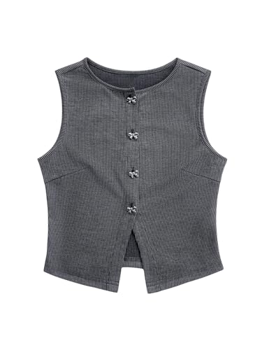 SweatyRocks Damen Tank Top Strick Crop Top Ärmellose Strickweste Sommer Weste Strick Pullunder mit Knöpfe Grau XL von SweatyRocks