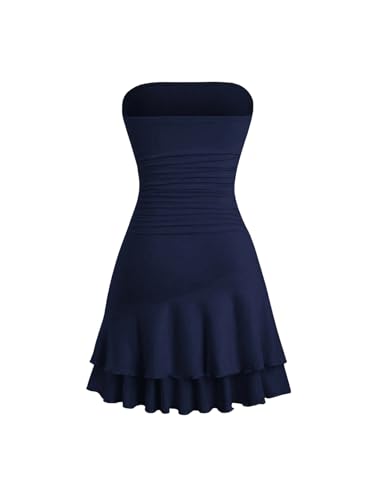 SweatyRocks Damen Trägerloses Minikleid Bandeau Kleid A Linie Tubekleid Ärmellos Sommerkleid Kurz Partykleid Y2K Outfit mit Rüschensaum Dunkelblau S von SweatyRocks