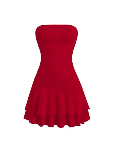 SweatyRocks Damen Trägerloses Minikleid Bandeau Kleid A Linie Tubekleid Ärmellos Sommerkleid Kurz Partykleid Y2K Outfit mit Rüschensaum Rot XS von SweatyRocks