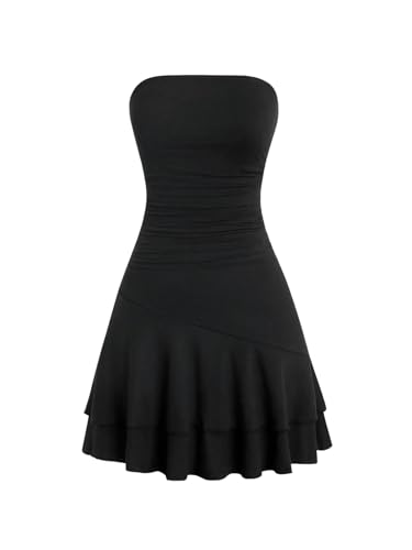 SweatyRocks Damen Trägerloses Minikleid Bandeau Kleid A Linie Tubekleid Ärmellos Sommerkleid Kurz Partykleid Y2K Outfit mit Rüschensaum Schwarz M von SweatyRocks