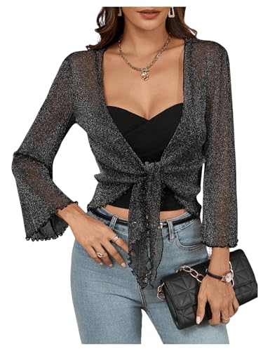 SweatyRocks Damen Transparent Cardigan Bolero Offener Front Crop Jäckchen 3/4 Arm dünne Leichte Jacke mit Volant-Ärmel Schwarz S von SweatyRocks