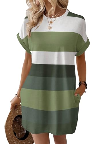 SweatyRocks Damen Tshirt Kleid Gestreiftes Minikleid Kurze Sommerkleider mit Taschen Kurzarm T-Shirt Kleider Rundkragen Freizeitkleid Farbblock Kurzkleid Grün M von SweatyRocks