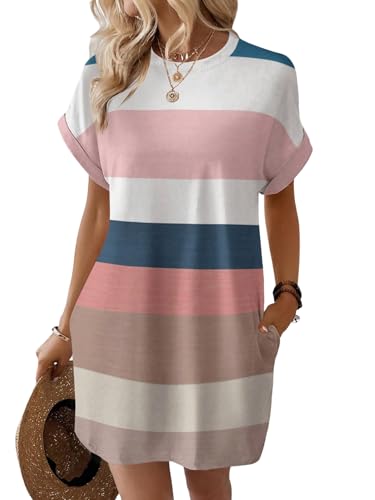 SweatyRocks Damen Tshirt Kleid Gestreiftes Minikleid Kurze Sommerkleider mit Taschen Kurzarm T-Shirt Kleider Rundkragen Freizeitkleid Farbblock Kurzkleid Rosa L von SweatyRocks