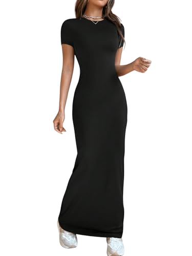 SweatyRocks Damen Tshirt Kleid Kurzarm Sommerkleid Freizeitkleid Basic Kleider Bodycon Enges Kleid Tunika Kleid Langes Kleid Schwarz L von SweatyRocks