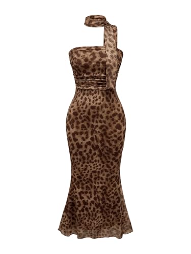 SweatyRocks Damen Tube Kleid Ärmellos Leopardenmuster Langes Kleid Trägerlos Maxikleid Bleistiftkleid Bodycon Partykleid mit Fishtail Braun XS von SweatyRocks