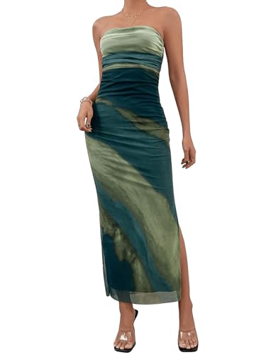 SweatyRocks Damen Tube Kleid Bandeau Bodycon Urlaubskleid Gradienten Mesh Freizeitkleid Trägerlos Kleid Ärmellos Lang Kleider mit Schlitz Grün XS von SweatyRocks