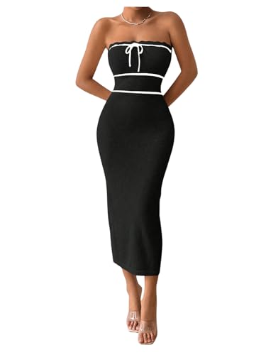 SweatyRocks Damen Tube Kleid Trägerloses Midikleid Ärmellos Sommerkleid Bandeau Schulterfrei Bodycon Freizeitkleid Kleid mit Konten Schwarz S von SweatyRocks