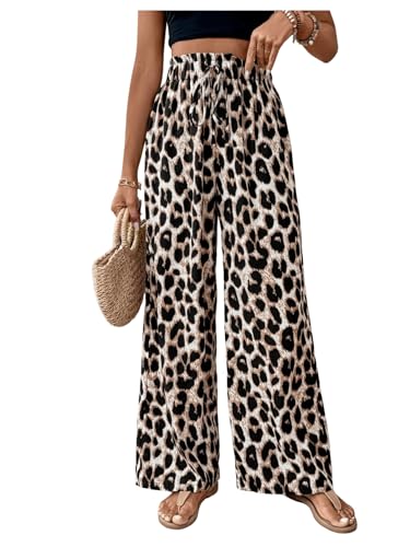 SweatyRocks Lockere Hosen Damen Elegant Weite Hose Leo Hose Weites Bein Damenhose Mit Gummizug Plissee Hosen Lang Strandhose Braun M von SweatyRocks